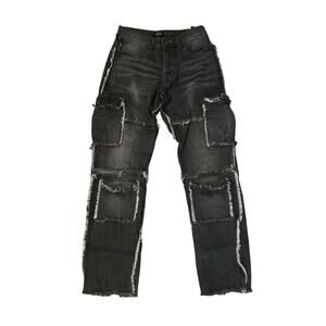 NWOT boohooMAN Black Cargo Jeans Reversed Seams Button Fly Size 30x31